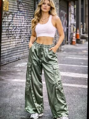 Persaya Satin-Look wide Leg Cargo Pants in Sage. Medium Cargo